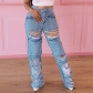 Women's Fashion Pocket Panel Cutout Hole Beggar Style Street Casual Straight Barrel High Waist Jeans LR00131