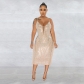 Women's solid color suspender sleeveless mesh hot diamond long dress C6273