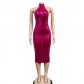 Women's Solid Color Sleeveless Hanging Neck Open Back Long Dress Dress C6288