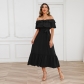Solid Color Sexy One Line Neck Off Shoulder Mid length Dress Fashion Beach Skirt LQ580