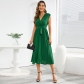 Sleeveless V-neck lace up dress, fashionable slim fitting pleated mid length skirt LQ591
