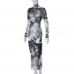 Fashionable printed mesh long sleeved standing neck long fitting dress D3311904G