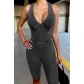 Leisure Sports Tight Bodysuit Sexy Two tone Hollow Deep V Sleeveless Hanging Neck Jumpsuit JY22537