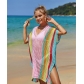 Beach cover shirt, hollowed out knit rainbow vacation bikini cover shirt, sun protection suit T9181