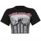 Fashion Irregular Mesh Splice Letter Printing Short Chain T-shirt Top H2365