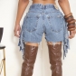 High Waist Perforated Wash Personalized Perforated Tassel Short Hot Pants 9394PD