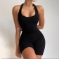 Women's Solid Color Sexy Open Back Hanging Neck Short Sports Jumpsuit FLK3287