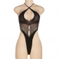 Sexy Hanging Neck Low Neck Perspective Perforated Tight Bodysuit W22K25022