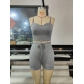 Women's solid color suspender bra patchwork with exposed navel sexy strap sports shorts set SD2113
