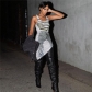 Women's fashion digital denim 3D printing sleeveless U-neck low cut high waisted dress K23D28272