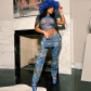 Imitation denim patchwork color contrast printing, personalized and fashionable high waisted straight leg pants KJ01322