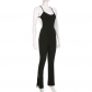 Women's solid color minimalist U-neck suspender with hanging neck, backless tight, slightly flared and split feature jumpsuit pants KJ01731