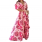 Oversized women's plant printed ultra-low V-neck fluffy bubble sleeved large skirt hem dress KRST22387