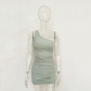 Single shoulder pleated threaded dress YB9086