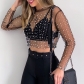 Round neck studded bead mesh see-through long sleeved top JY23232