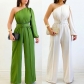 Diagonal collar single sided long sleeved high waisted wide leg jumpsuit with waistband HK3177