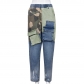 Denim Trousers New Line Contrast Color Personalized Patch Pocket Straight Leg Women's Pants 9370PD