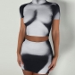 Printed navel exposed short sleeved top, slim fitting short skirt set S3211804A