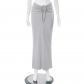 Solid casual pleated drawstring tie high waisted slim fitting long skirt Q23SK159