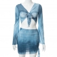 Tie Dyed Mesh Skirt Printed Open Navel Flare Sleeve Beach Short Skirt Set R21ST129