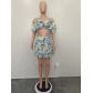 Printed ear edge short sleeved top+pleated skirt set in three colors available B9431