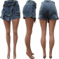 Elastic denim cargo pants zipper multi bag denim shorts CM8676