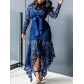 Lace Hollow Long Sleeve Standing Neck Lace Up 5 Color Irregular Dress SC8253