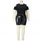 Fashion women's solid color off shoulder top sexy buttocks leather pants set AT19375