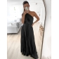 Slanted shoulder pleated casual dress loose holiday party long women's dress YL230206