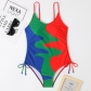 One piece swimsuit multi color patchwork drawstring ripple women's swimsuit TL693521389635