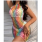 High elasticity perspective outfit hollowed out fishing net sexy colorful stripe series fun net clothing YDC16