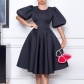 Round neck style bubble sleeves with waistband large swing dress A-line dress D3178
