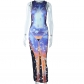 Mid length tight fitting dress for street trendsetters with hollowed out round neck and buttocks skirt with floral print on the head JD298918