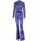 Women's Fashion Printed Long Sleeve Top Perspective Mesh Pants Flare Pants Fashion Set JS918876