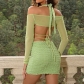 Fashionable and Sexy Hollow out Long Sleeve Set Hanging Neck Strap Short Skirt Two Piece Set TP041