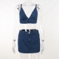 Sexy Strap Open Back Spicy Girl Top High Waist Wrapped Hip Denim Short Skirt Set WY23040