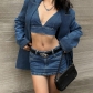 Sexy Strap Open Back Spicy Girl Top High Waist Wrapped Hip Denim Short Skirt Set WY23040