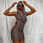 Women's knitted hollow out solid color slim fitting backless strap pile up collar hooded hanging neck and buttocks wrapped dress LR02651
