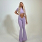 Women's solid color basic personality hollowed out high waisted tight short sleeved jumpsuit with micro flared pants LR03218
