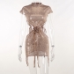Half high neckline three-dimensional flower open waist sparkling dress open back short skirt YJ23229