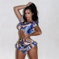 Printed navel exposed short sleeved top with wooden ear edge shorts casual set K23ST162
