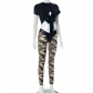Strap top camouflage PU leather patchwork tight pants casual set K23ST176