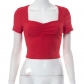 Solid ribbed pleated square neck short sleeved navel exposed T-shirt top M23TP145