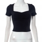 Solid ribbed pleated square neck short sleeved navel exposed T-shirt top M23TP145