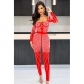 Fashion women's solid color mesh hot diamond long sleeved pants jumpsuit C6389