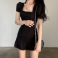 Square neck, simple and fashionable small black dress, short sleeved pleated waist wrap, buttocks, one piece, short LQMDD23731