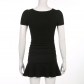 Square neck, simple and fashionable small black dress, short sleeved pleated waist wrap, buttocks, one piece, short LQMDD23731