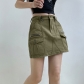 Basic solid color pocket stitching low waisted drawstring work dress, cool and straight casual denim short skirt HGWCD02520