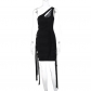 Personalized Slim Fit Lace Up One Shoulder Solid Color Dress D3312188K