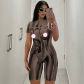 Fashion printed slim fitting round neck zippered short sleeved jumpsuit P3312175A